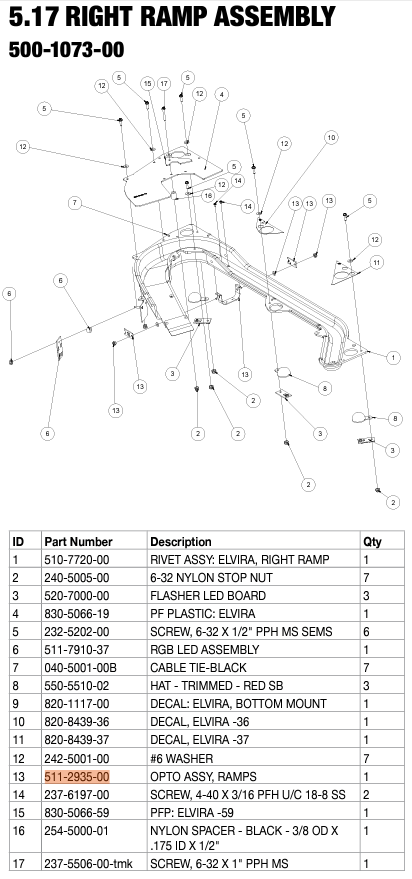 Elvira Opto Assembly Part 511-2935-00 by Stern Pinball