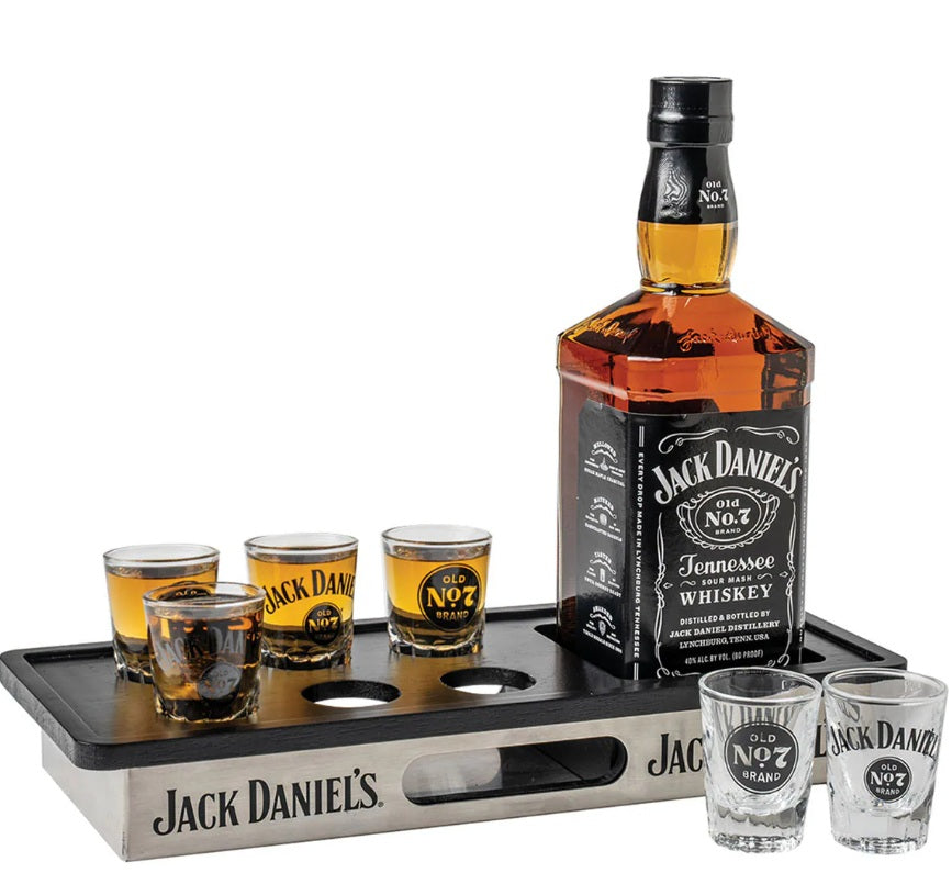 Jack Daniel's Bottle/Shot Glass Tray Set